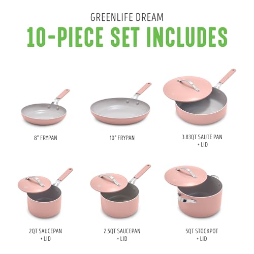 GreenLife Dream 10-Piece Ceramic Nonstick Cookware Set, Pots & Pans, PFAS-Free, Dishwasher Safe T8724