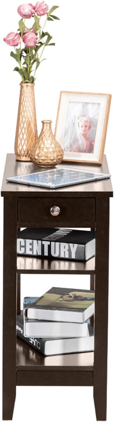Brown End Table with Drawer and 2-Tier Storage Shelves T491