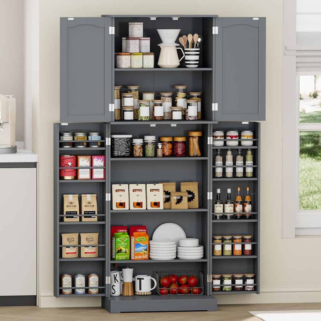 HOME BI 64" Kitchen Pantry Cabinet, Tall Freestanding Pantry Storage Cabinet, Food Pantry Cabinets with Doors and Shelves for Home Kitchen, Dining Room, Living Room, Gray.
