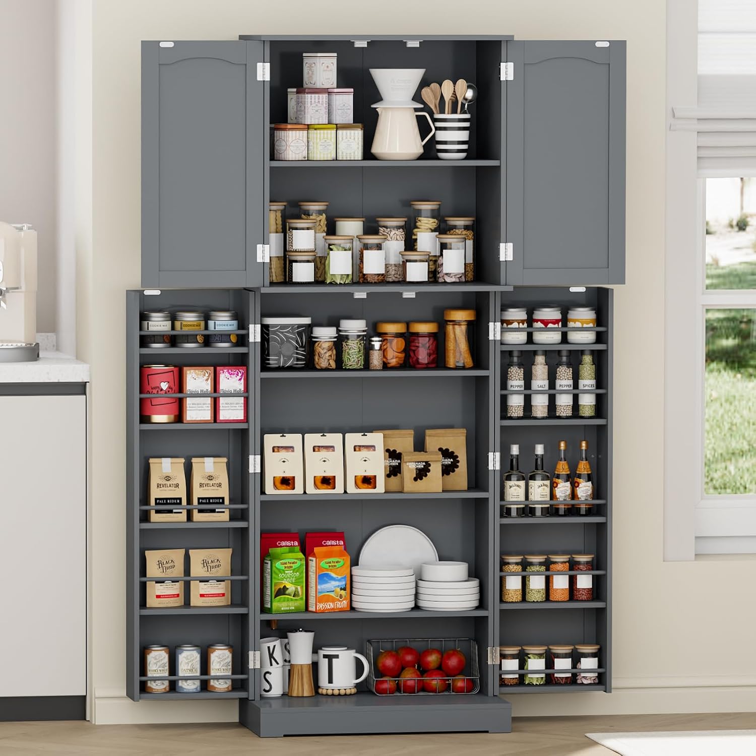 HOME BI 64" Kitchen Pantry Cabinet, Tall Freestanding Pantry Storage Cabinet, Food Pantry Cabinets with Doors and Shelves for Home Kitchen, Dining Room, Living Room, Gray.