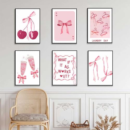 6Pcs Pink Bows Wall Art, Coquette Posters for Room Decor, Unframed 8x10in L544