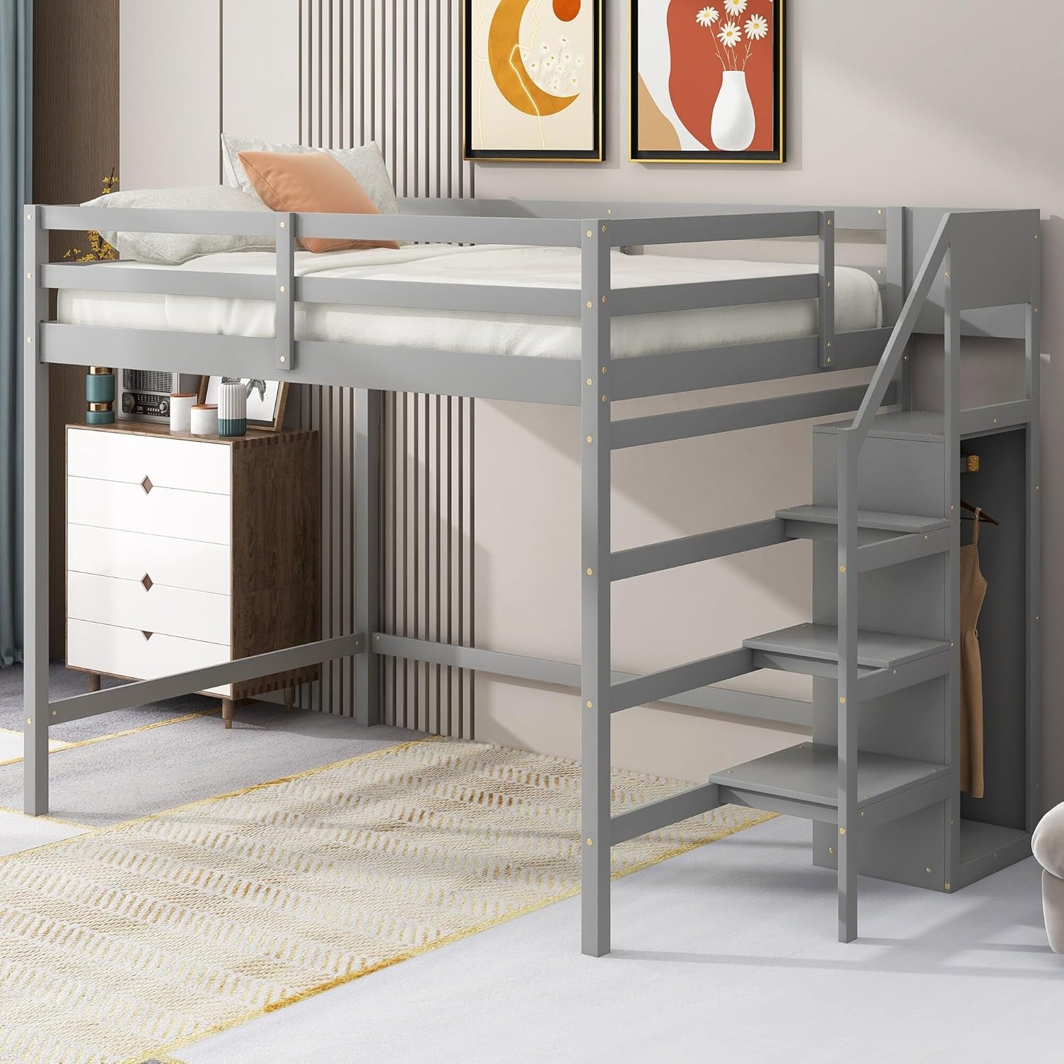 Gray Full Size Wooden Loft Bed with Storage Wardrobe and Staircase Guardrails T662