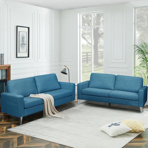 Esright Faux Leather Sofa Couch 79" Wide, Mid Century Modern, Navy Blue I160929