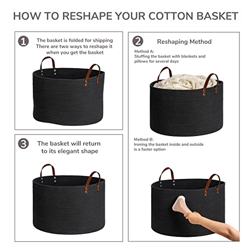 CHICVITA Woven Laundry Basket with Leather Handles, Large Storage Hamper, Dark Gray M130