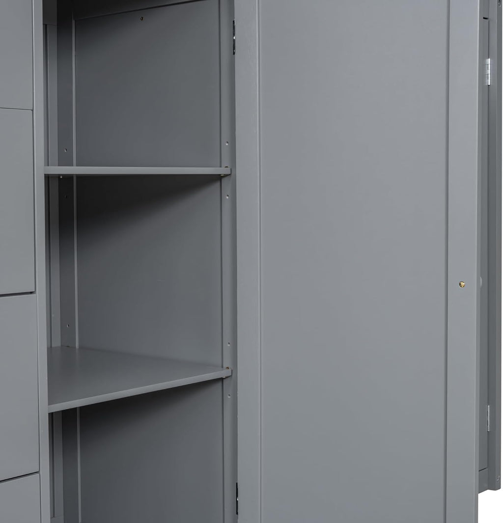 Full Size Wooden Loft Bed with Built-in Wardrobes and Staircase, Gray R8935