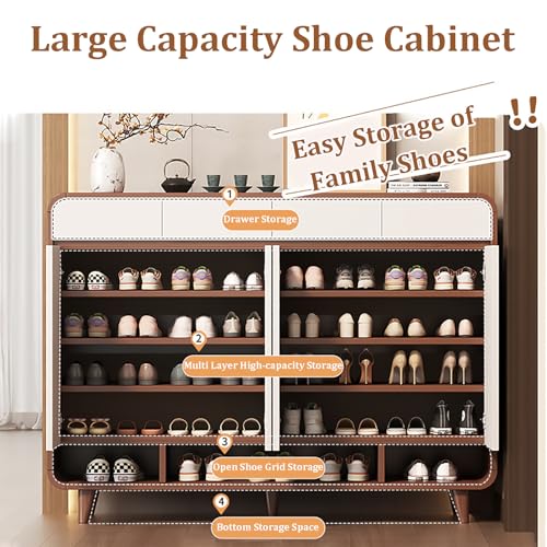 Wooden Shoe Cabinet with Drawers and Adjustable Shelves, 5 Tier, Brown-white G468017