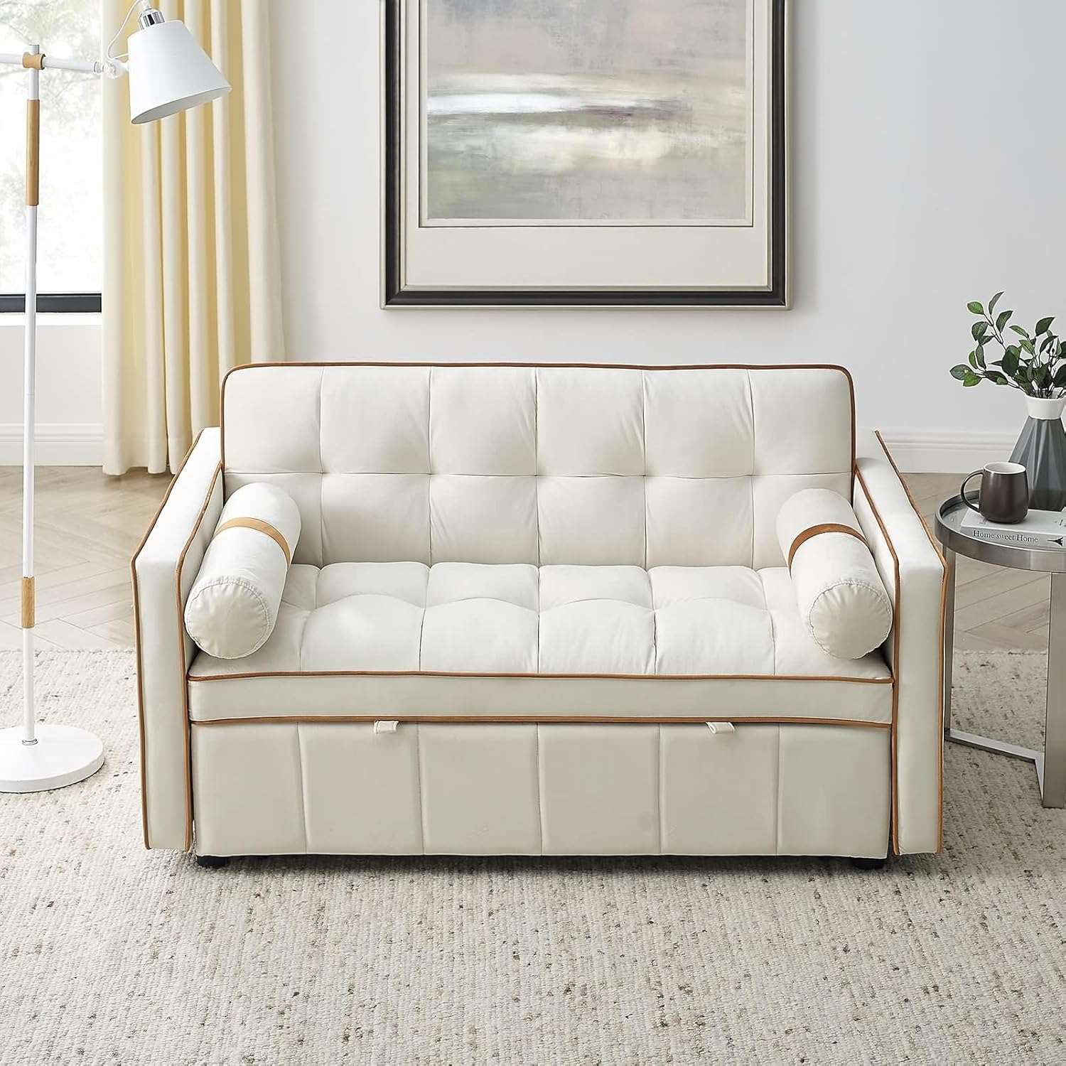 Modern 55.5" Pull Out Sleep Sofa Bed with Side Pockets, Beige K31338