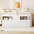 Twin Size Kids Loft Bed with Storage Underneath, Wooden Low Loftbed Frame with 4 Drawers, Cabinet, Shelves and Ladder, Space Saving Bedframe for Boys Girls Teens, White