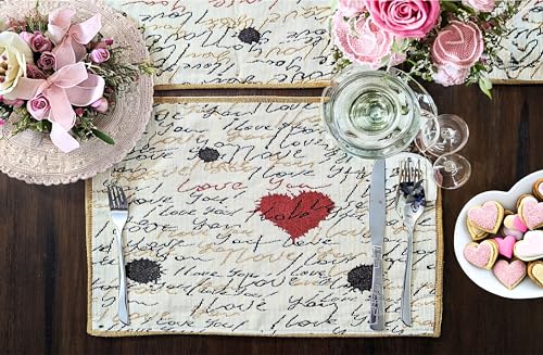 Tache Valentine Placemats Heart Placemat Beige Vintage Farmhouse Woven Tapestry Set of 4 M759