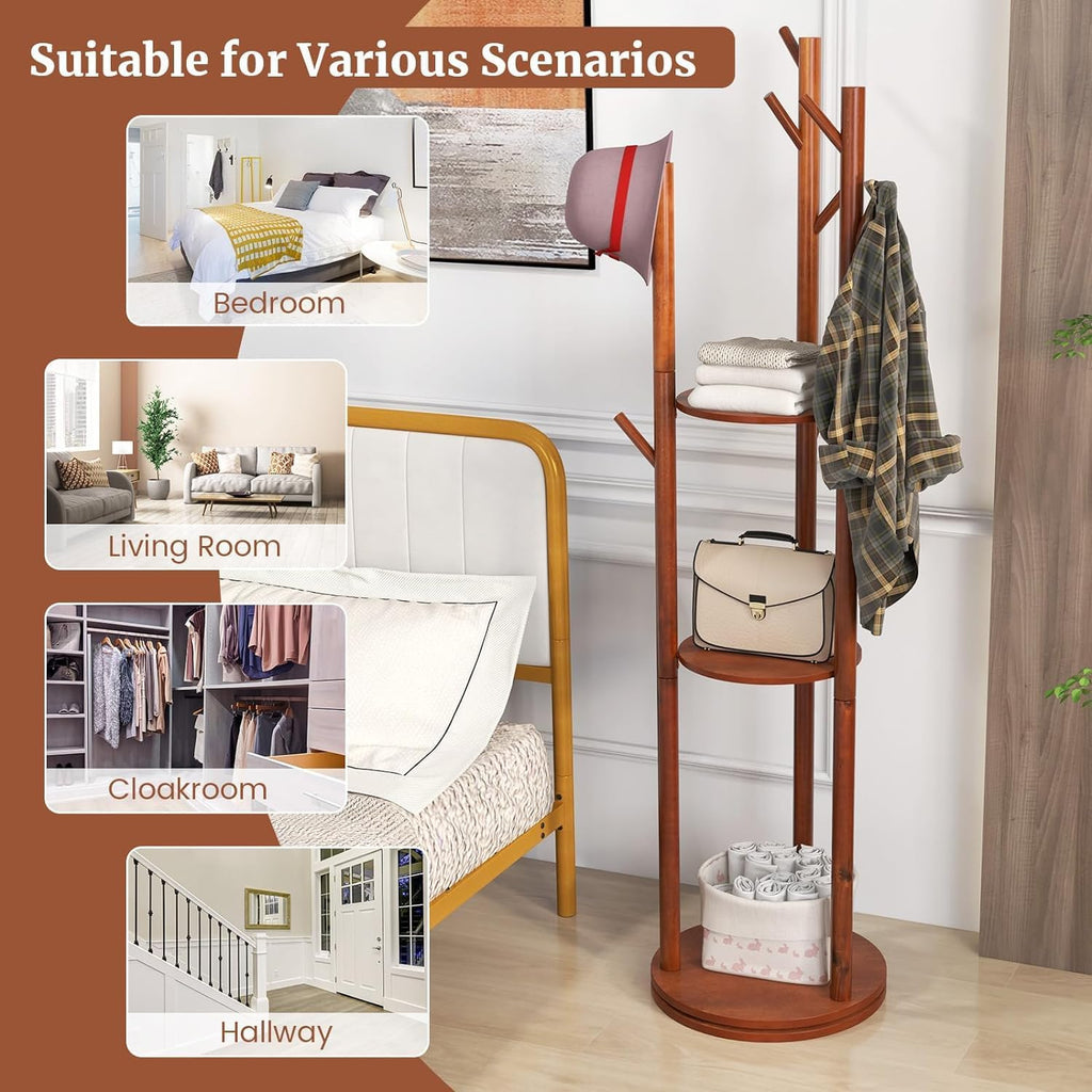 Rotary Coat Rack, Wooden Freestanding with 3 Shelves and 9 Hooks, Walnut F8917