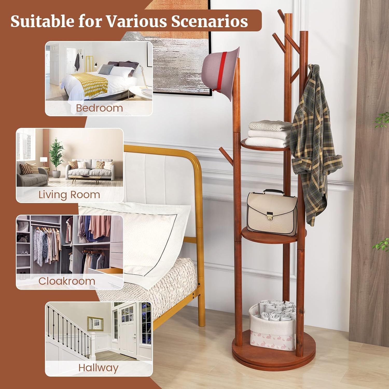 Rotary Coat Rack, Wooden Freestanding with 3 Shelves and 9 Hooks, Walnut F8917