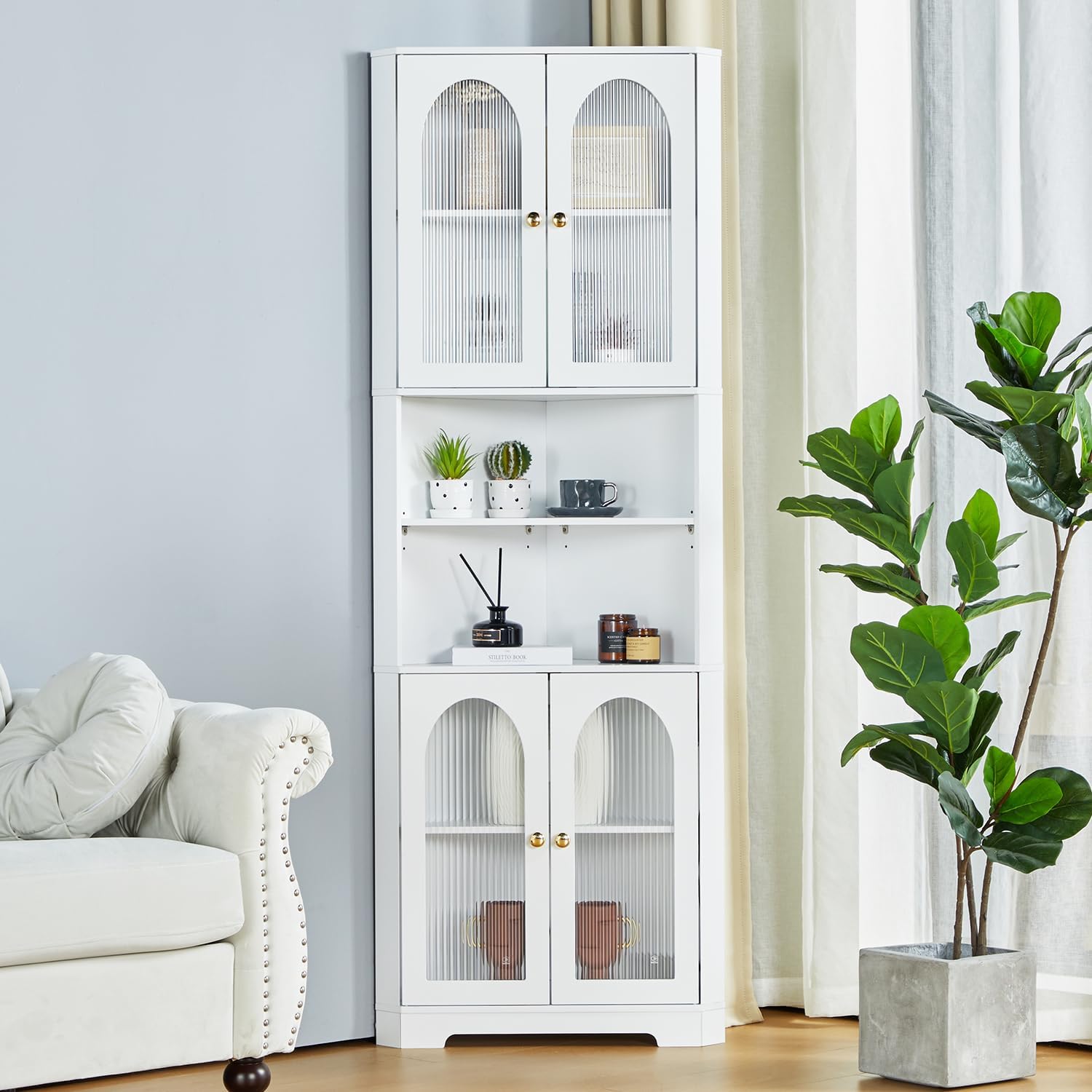 Corner Cabinet with 4 Glass Doors & LED, White Storage Cabinet with 6 Shelves X635813