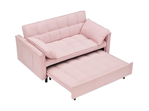 Corduroy Pull-Out Sofa Bed with Side Pockets, Beige D24389
