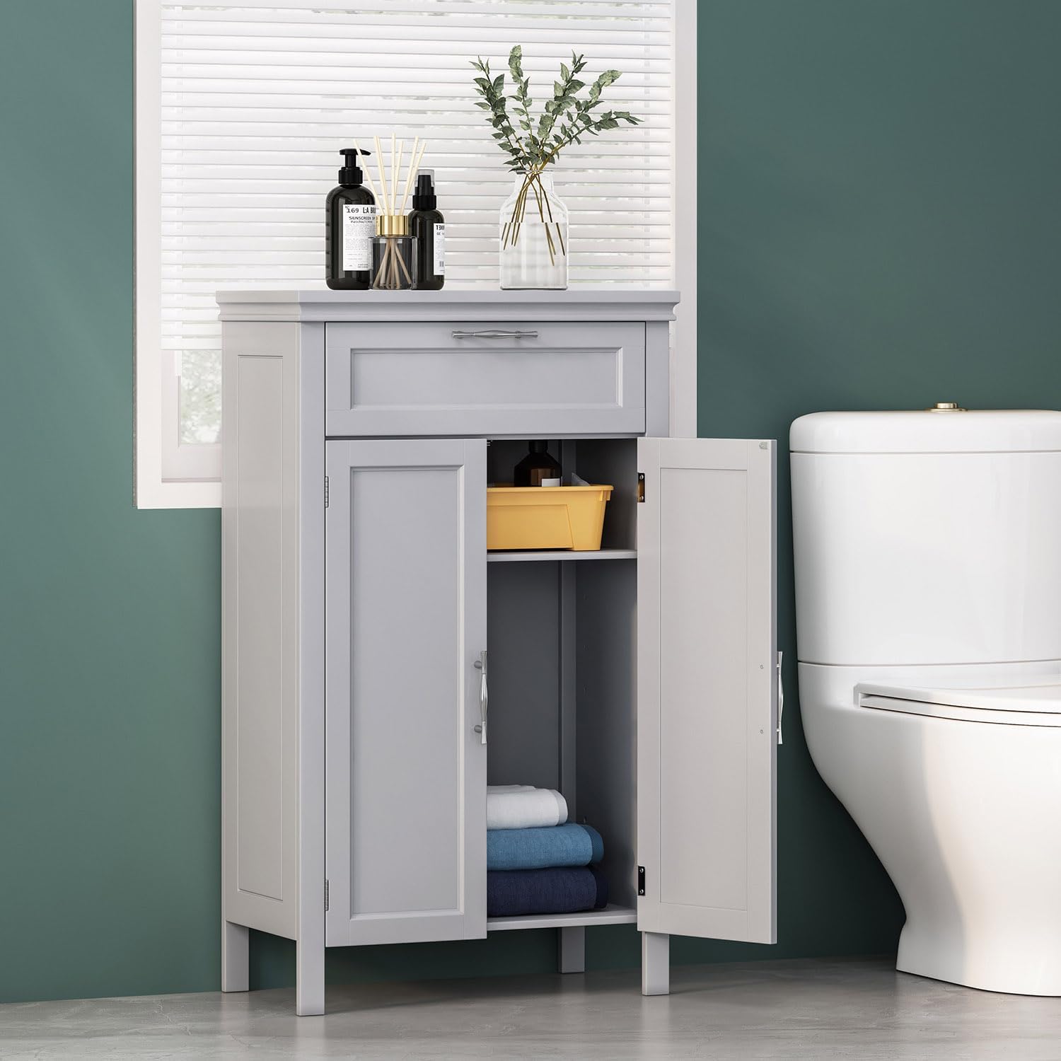 Wooden Bathroom Floor Cabinet with Drawer and Adjustable Shelf Z8140