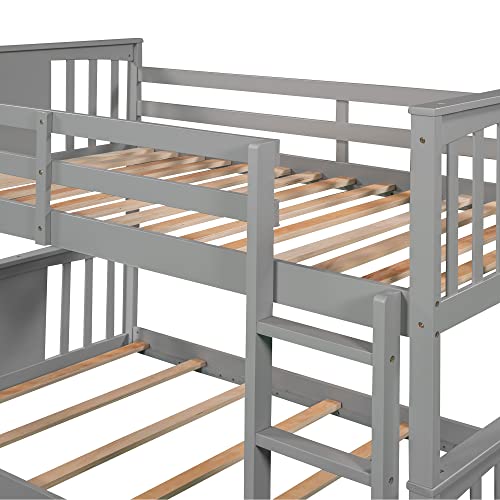 Harper & Bright Designs Solid Wood Twin over Twin Low Bunk Bed with Ladder and Guard Rail, Gray B944521