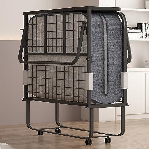 Folding Bed with Mattress for Adults, Portable Rollaway Guest Beds with 4" Memory Foam Mattress & Metal Frame, Twin Size Foldable Bed Fold Away Bed Space Saving