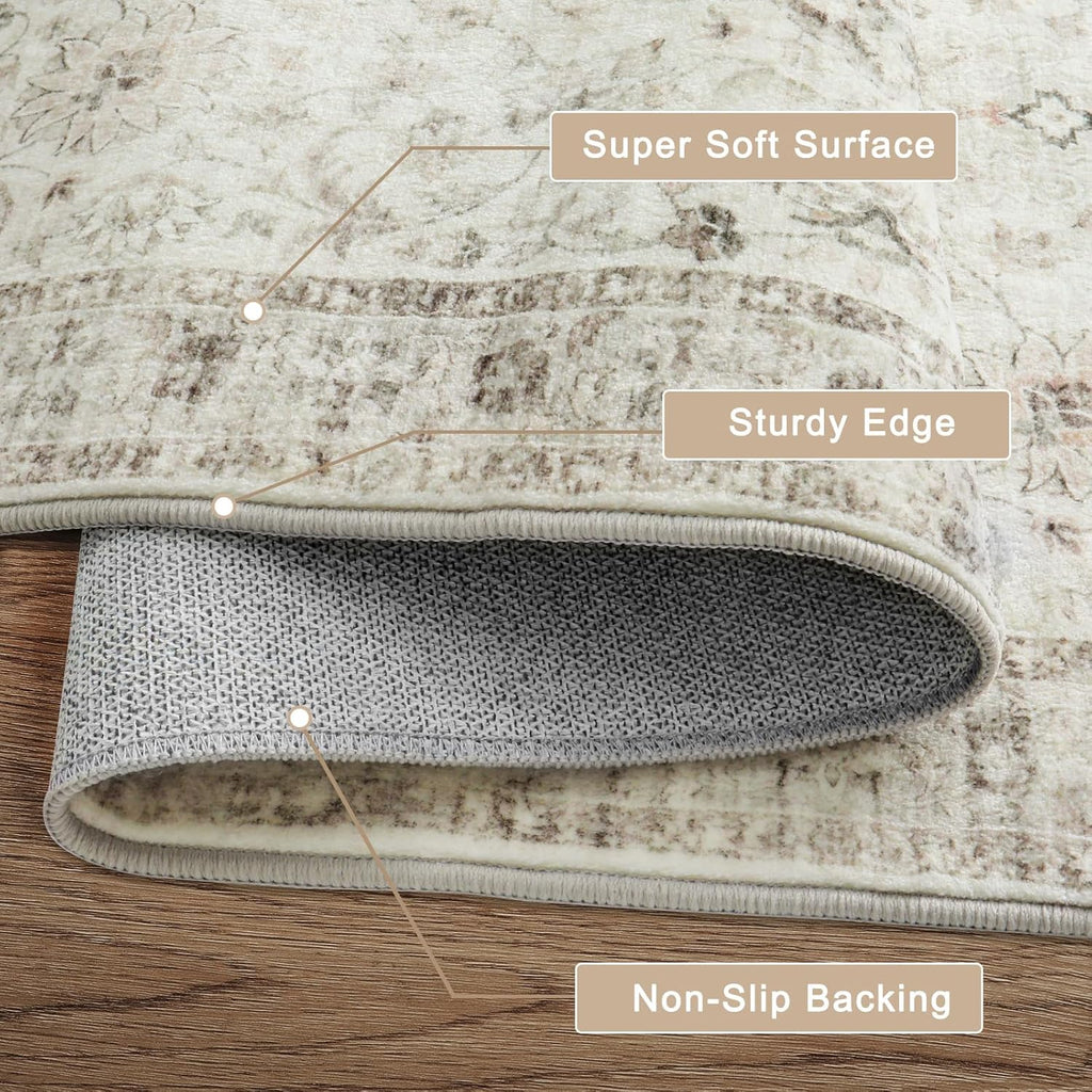 LIVEBOX Machine Washable Area Rug 8x10 Non-Slip Retro Medallion Taupe K3551