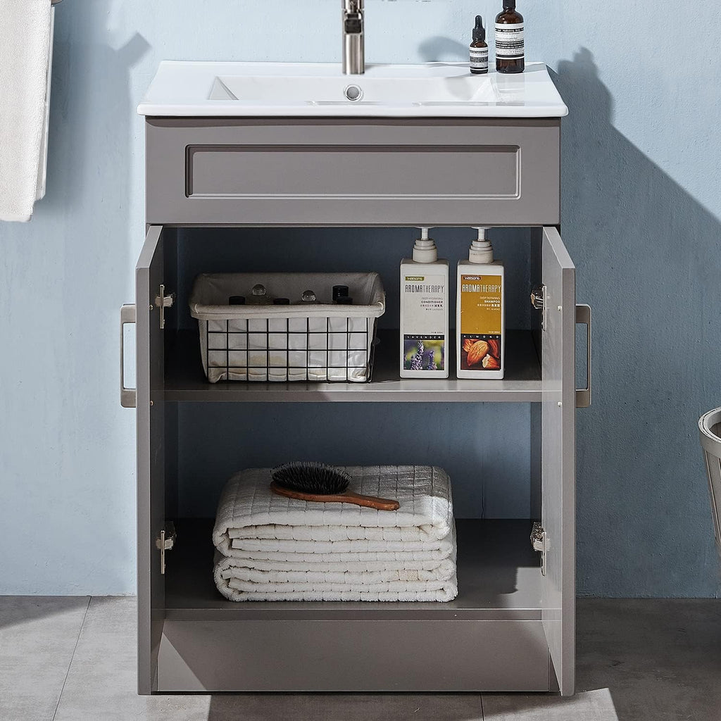 24 Inch Bathroom Vanity with Sink, Gray Cabinet and White Ceramic Basin O59220