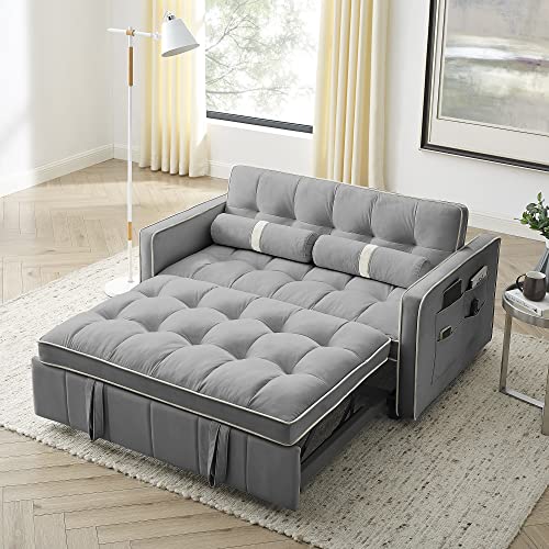 Velvet Sleeper Sofa 54" Convertible Sofa Recliner Bed 3-in-1, 3-Position Adjustable Backrest, Two Side Pockets, 2 Pillows for Living Room, Apartment, Black