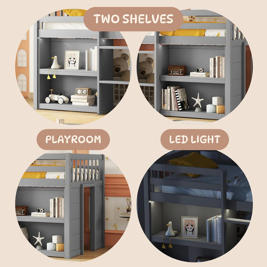 Grey LED Twin Size Low Loft Bed for Kids with Storage Shelves H3282