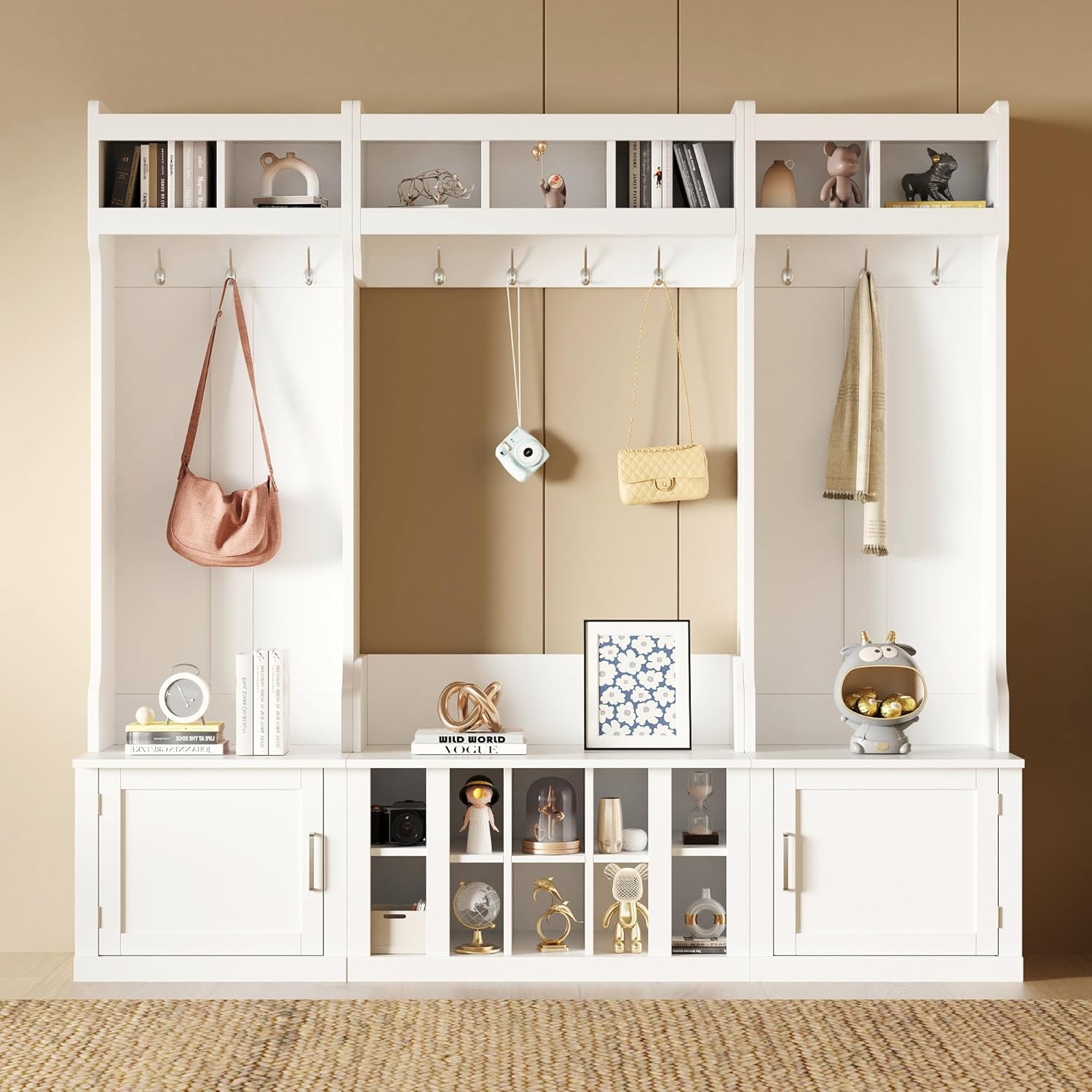 VOXIV Wide Hall Tree with Storage Bench and Coat Rack, White P278301