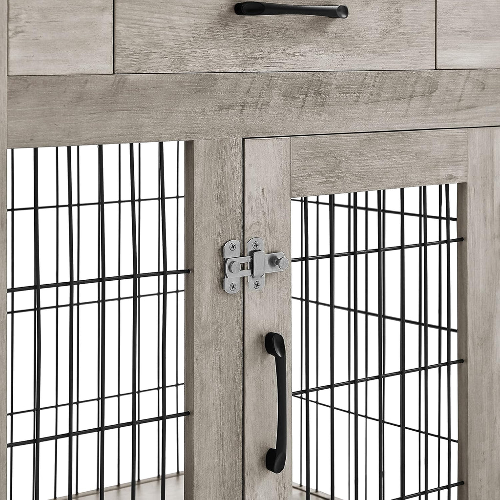 Furniture Style Dog Crate End Table with Drawer, Double Doors, Gray A21004