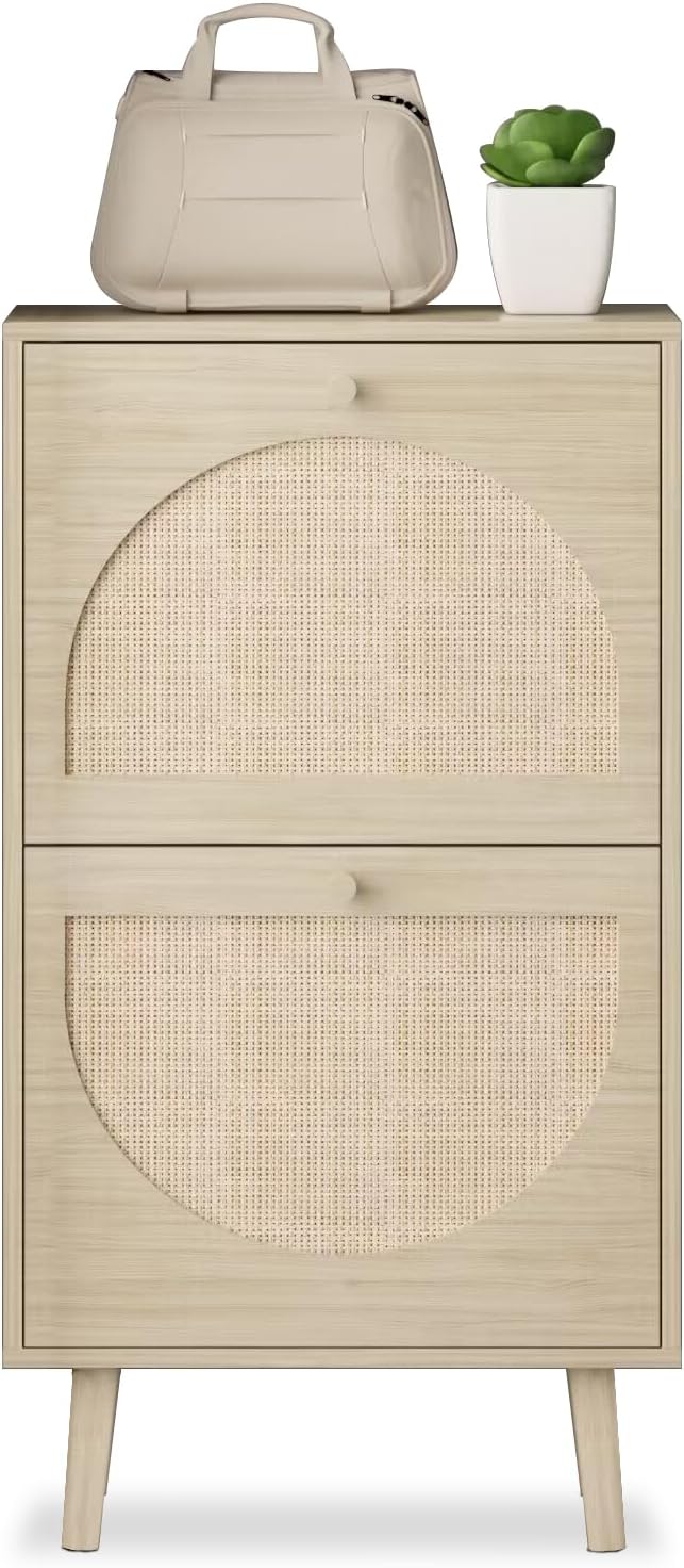 Slim Shoe Cabinet with 2 Flip-Drawers, Rattan Shoe Storage for Entryway C995817