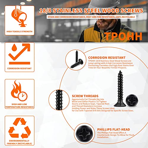 100 PCS #4 x 3/8 inch Stainless Steel Wood Screws, Black Coated Flat Head Phillips by TPOHH Q403558