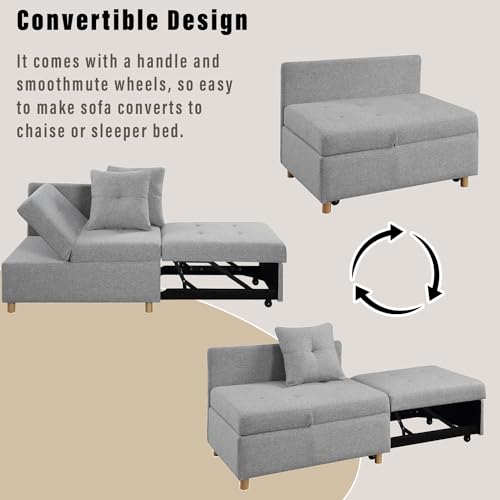 Pull Out Sleeper Sofa Bed Chair 4-in-1 Convertible, Linen Fabric Loveseat with 2 Throw Pillows, Light Gray B7065