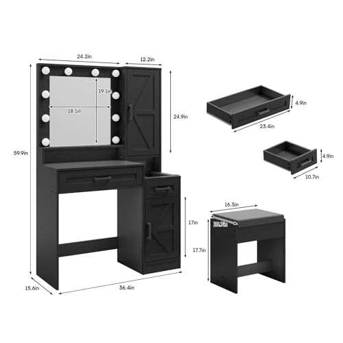 Fameill Vanity Desk with Mirror and Lights, Makeup Table with Chair and Outlet, White O781
