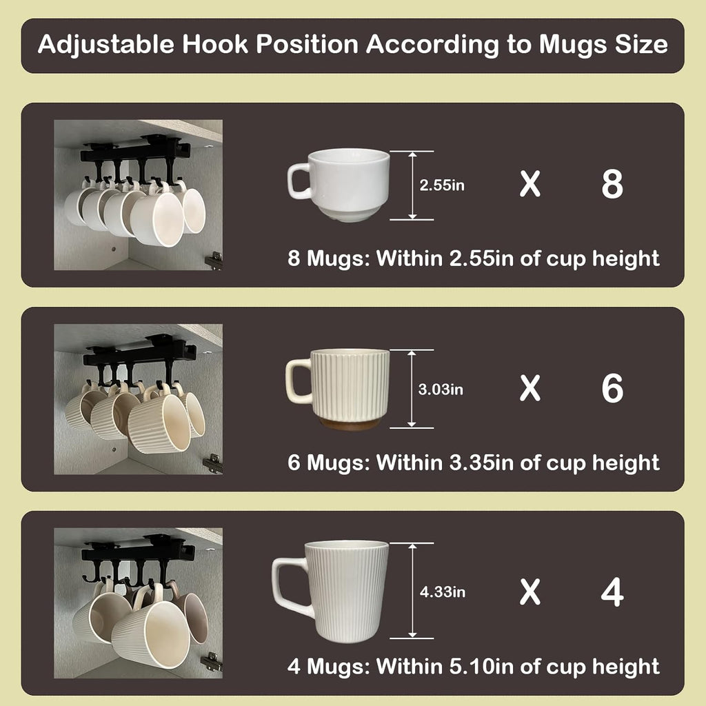 Under Cabinet Mug Holder with 8 Hooks, Black Y1866