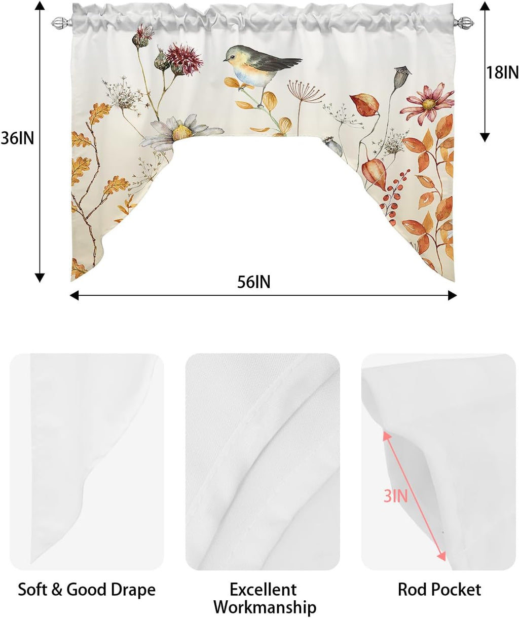 Fall Flower Bird Swag Valance Kitchen Curtains, Rod Pocket, Eucalyptus Leaves 56''x36'' X32867