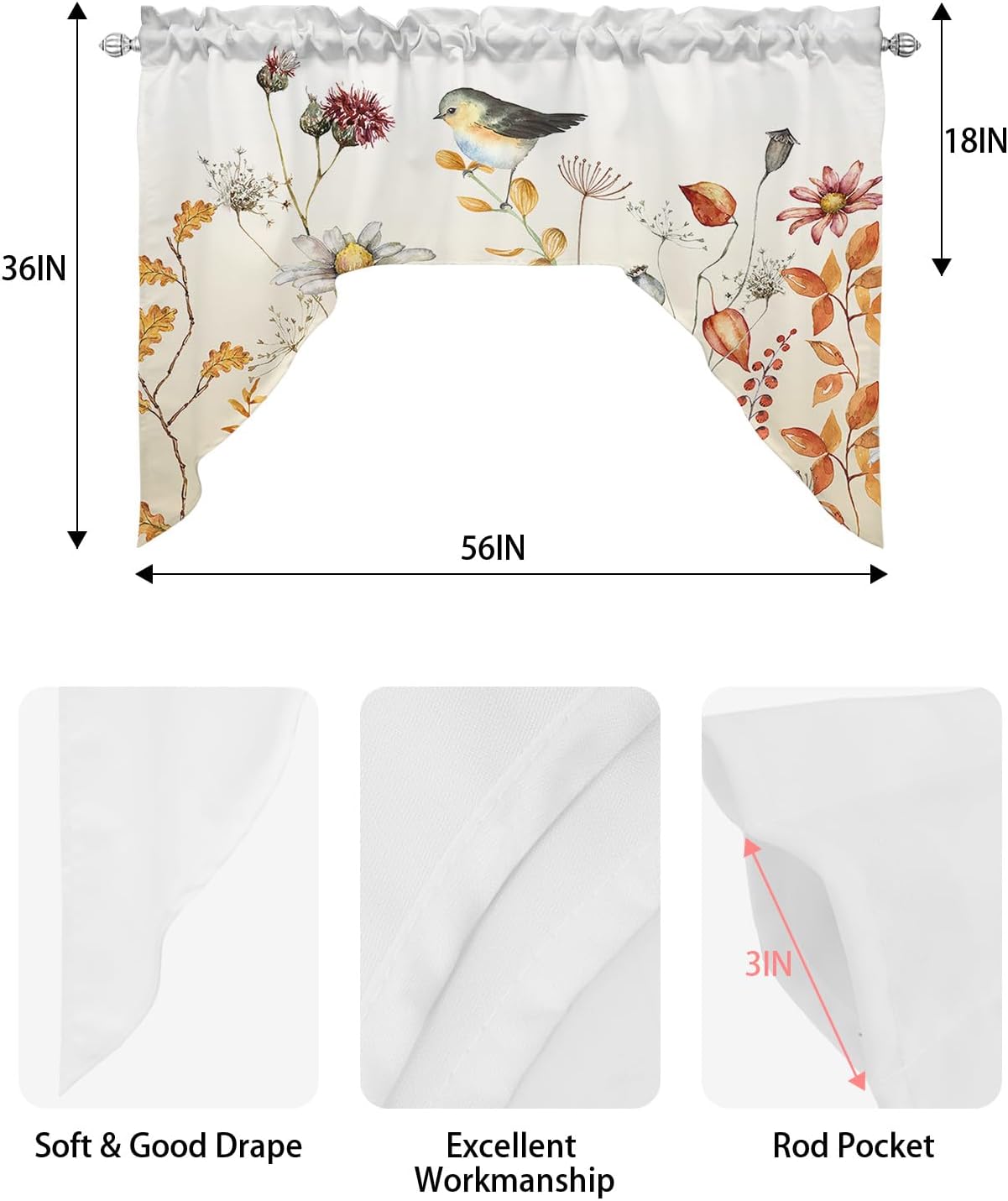 Fall Flower Bird Swag Valance Kitchen Curtains, Rod Pocket, Eucalyptus Leaves 56''x36'' X32867