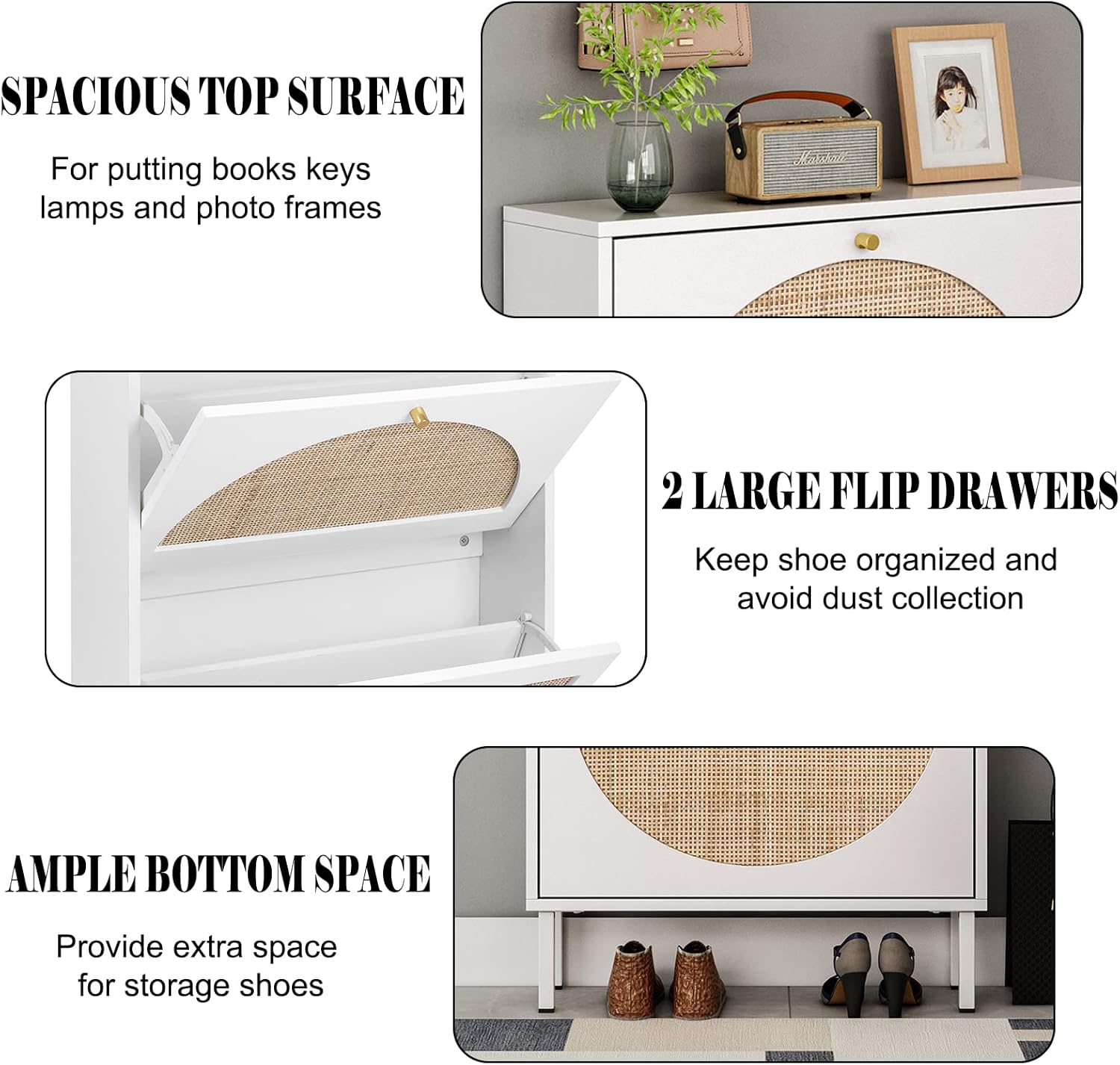Yoluckea Rattan Shoe Cabinet with 2 Flip Drawers, White X3688