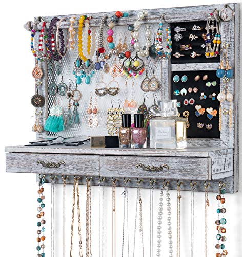 Jewelry Wall Organizer with Drawers, Earring and Necklace Holder (Brown) Z962002