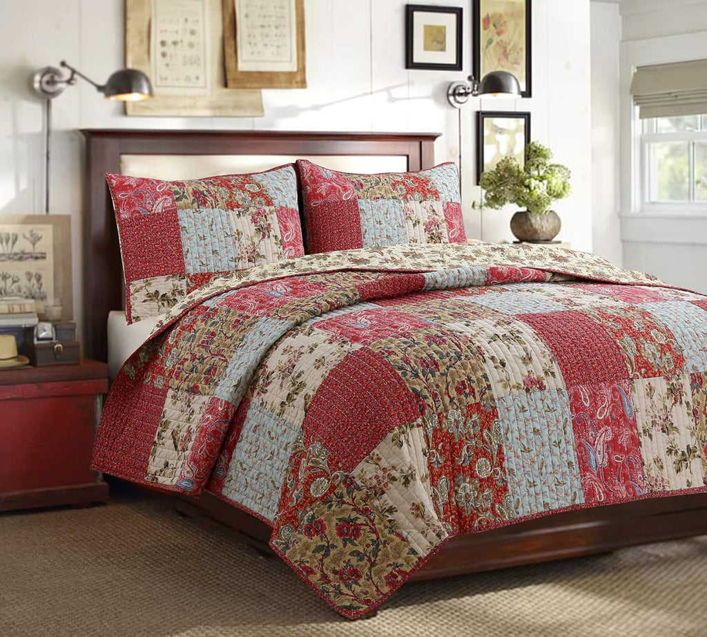 Cozy Line Home Fashions Adeline Red Teal Khaki Floral Country Real Patchwork 100% Cotton Reversible Coverlet Bedspread Quilt Bedding Set (Red Aqua, Queen - 3 Piece)