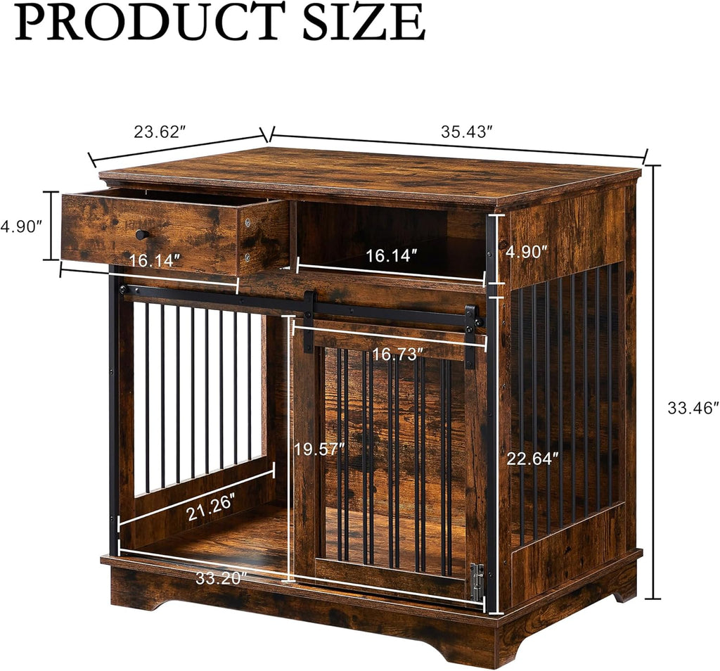 Furniture Style Dog Crate with Sliding Barn Door and Storage Drawers, Rustic Brown B737992