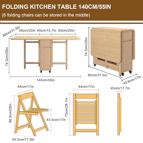 Folding Dining Table with 4-6 Chairs, Extendable Drop Leaf Farmhouse Wood Kitchen Table Set C769624