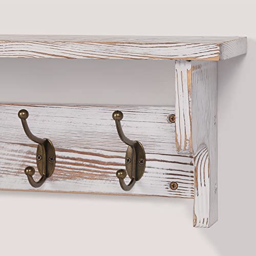 35" Wall Mount Coat Rack with Shelf, Rustic Wooden Entryway Organizer, White B979806