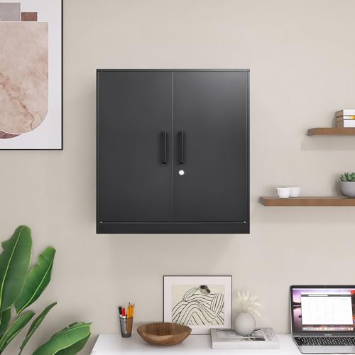 Metal Wall Cabinet with 2 Doors and Lock, 27.95" H, Black & Grey M850649
