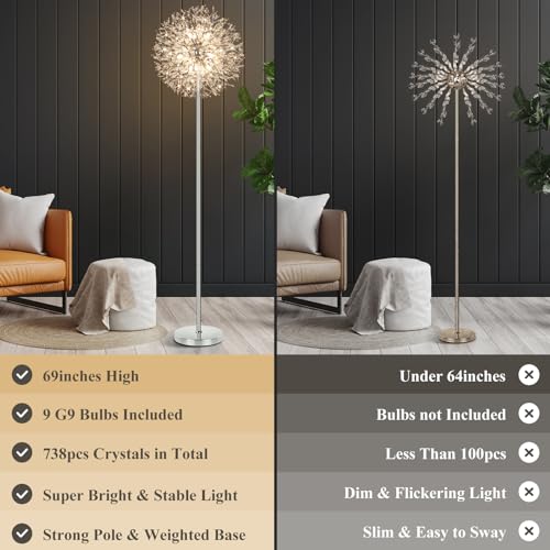 BesLowe 69'' Crystal Floor Lamp with 9 LED Bulbs, Chrome X8132