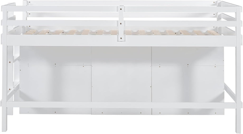 Twin Size Kids Loft Bed with Storage, Wooden Frame with Drawers and Ladder, White Q147
