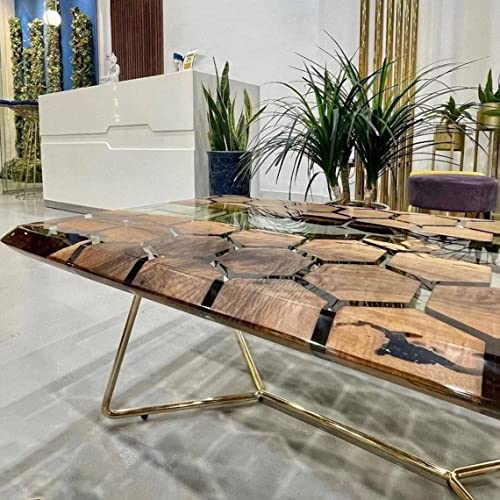 Epoxy Resin Dining Table with Hexagon Wood Top, 108 x 36 Inches P52273