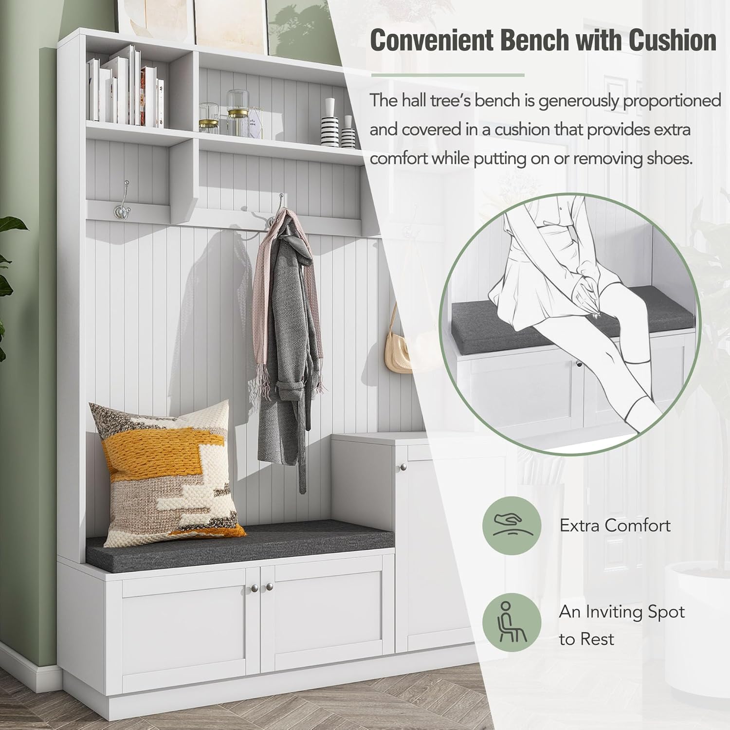 Entryway Hall Tree with Cushion Bench and Shoe Storage, White T38054