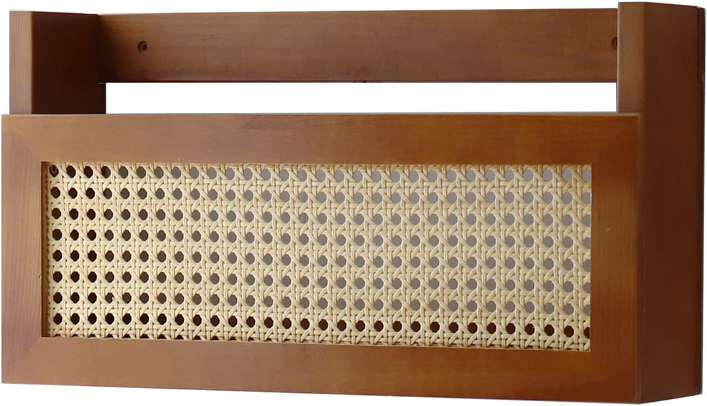 FIRADE Wall Wood Magazine Rack with PE Rattan Grid, Brown V4577