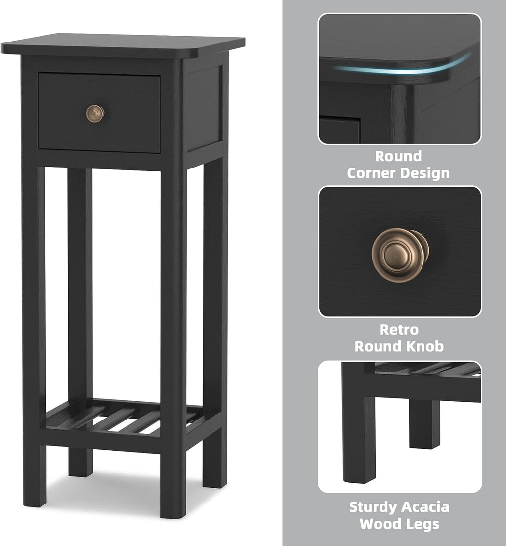 GORELAX Narrow End Table Set of 2 with Drawer & Shelf, Black V9015