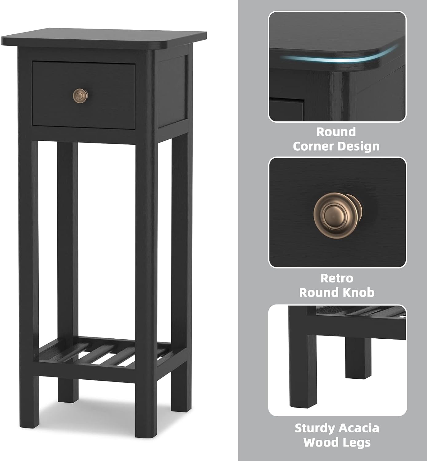 GORELAX Narrow End Table Set of 2 with Drawer & Shelf, Black V9015