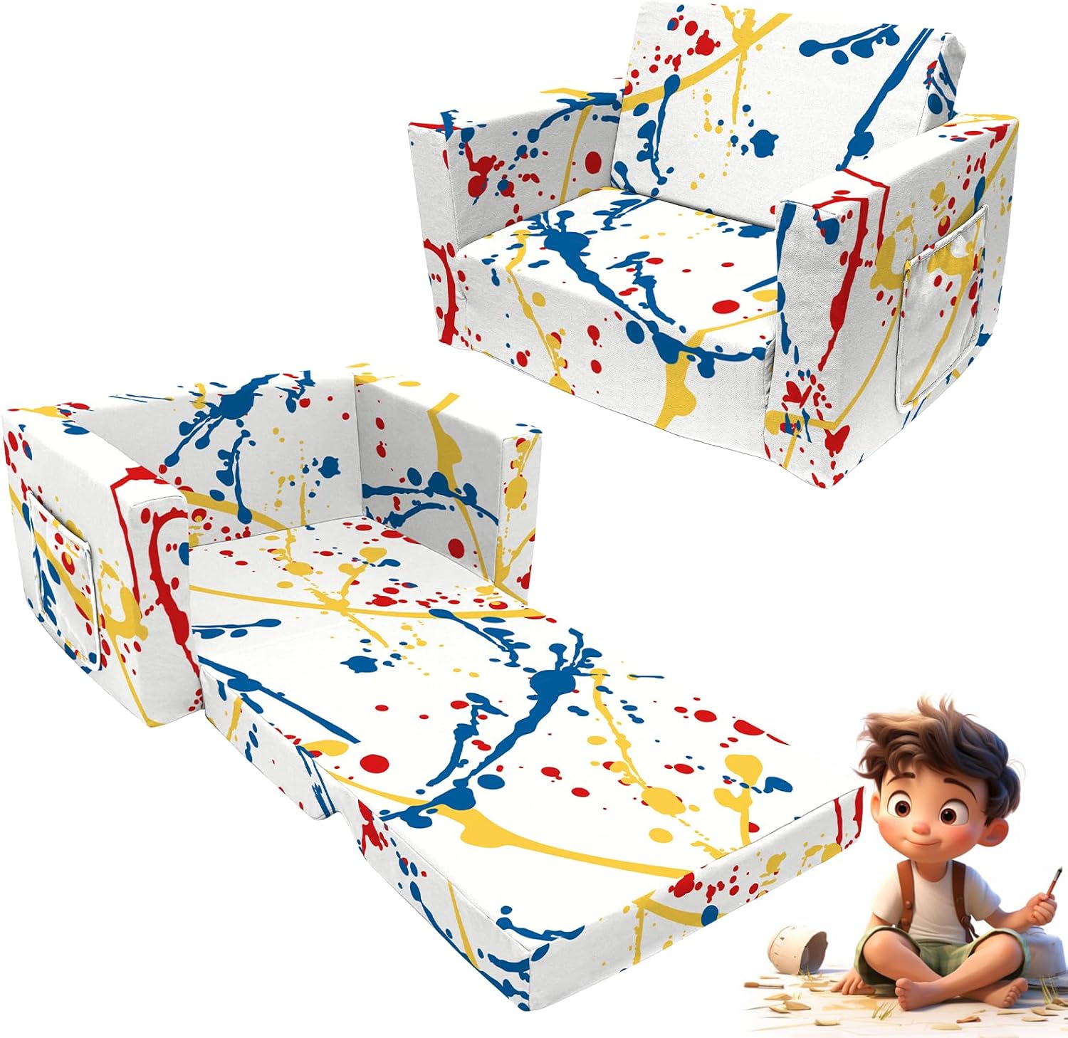 Kids Sofa Extra Wide Convertible 2-in-1 Lounger with Dinosaur Print W927