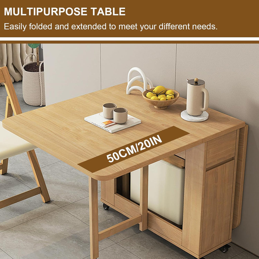 Folding Dining Table with 4 Chairs and Storage Drawers, Wood, with Wheels Z5281