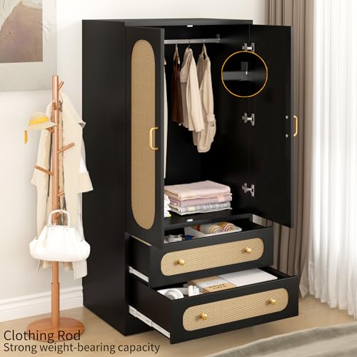 2 Door Rattan Wood Wardrobe with Drawers & Hanging Rail, Black A31157
